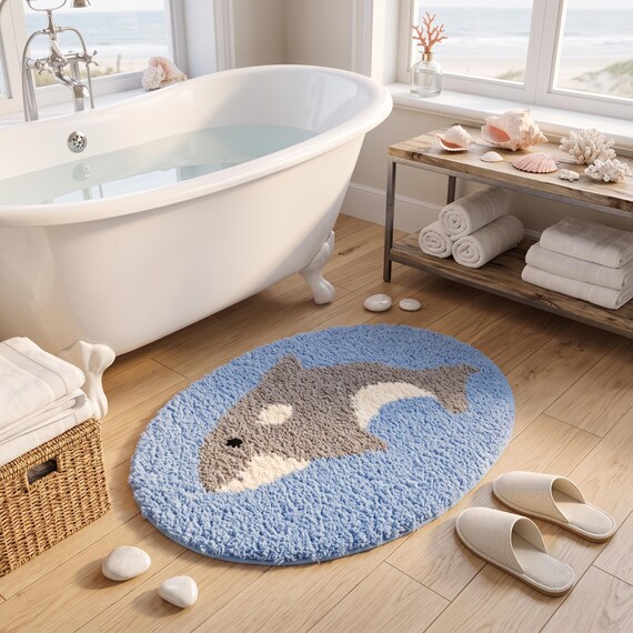 Dolphin Bath Mat, Ocean Inspired Rug, Coastal Beach House Decor