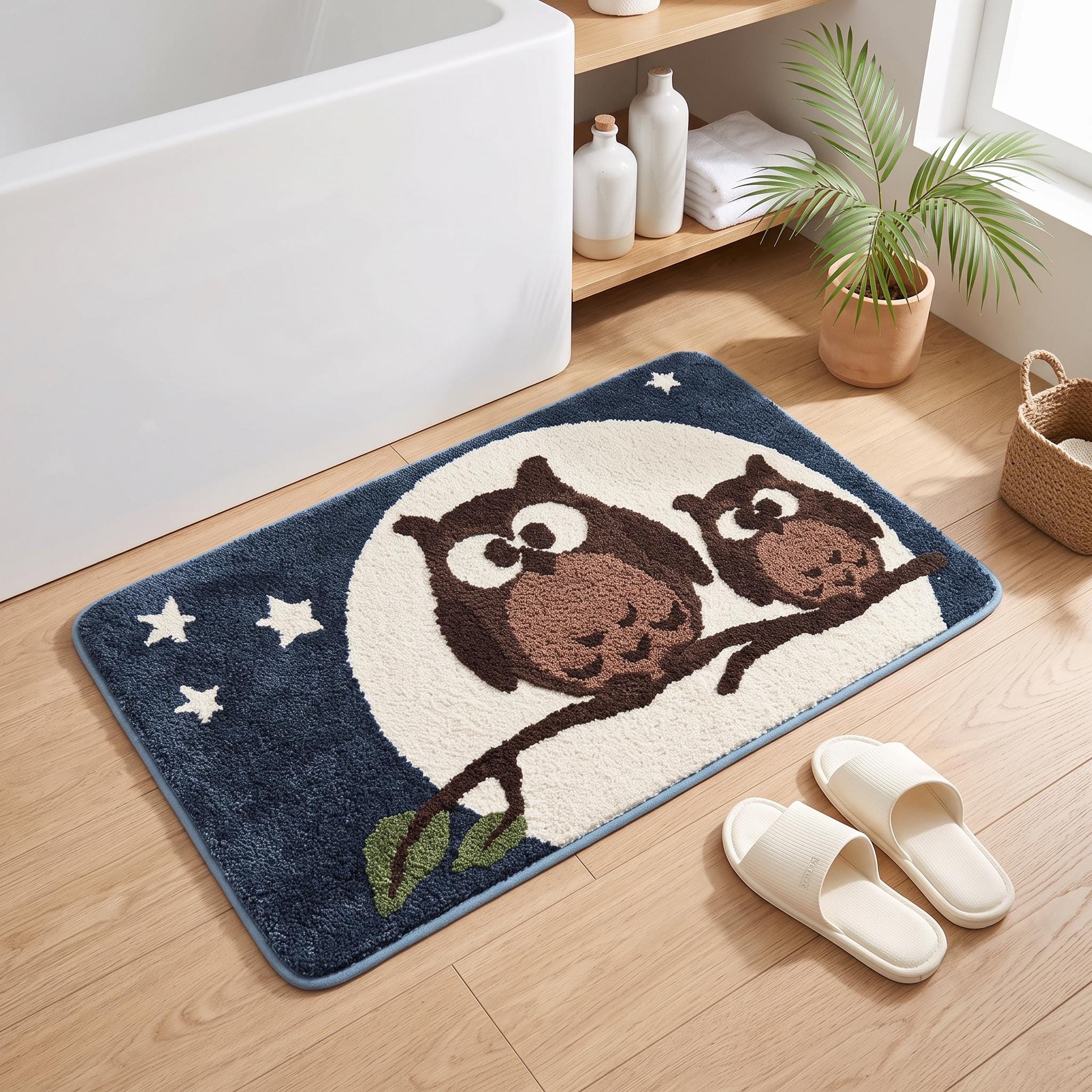 Woodland Owl Bath Mat, Cozy Nursery Room Rug, Plush Animal Floor Decor