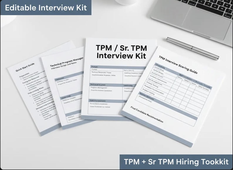 May include: An editable interview kit for a Technical Program Manager role, featuring multiple white paper documents with black text, including a Quick Start Guide, Interview Script, and a TPM Interview Scoring Guide with a grid layout.