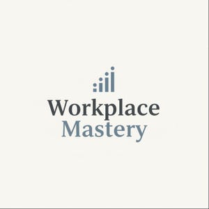 May include: A logo design on a light cream background featuring the text Workplace Mastery in dark gray and blue serif font. Above the text is a graphic icon consisting of four vertical bars of varying heights in a muted blue color.