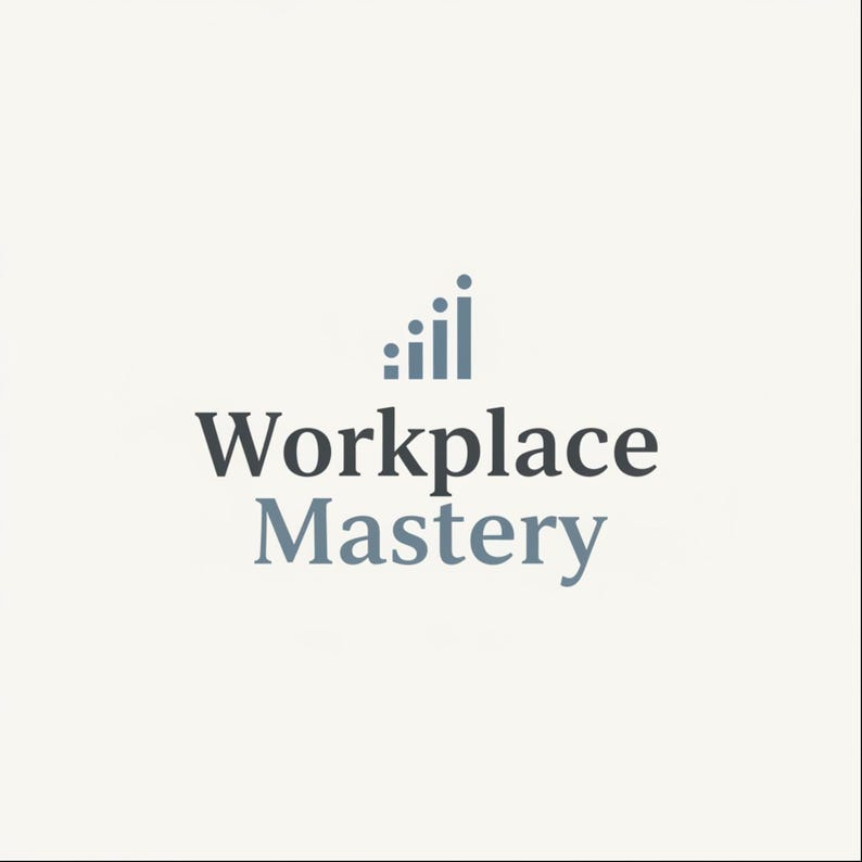 May include: A logo design on a light cream background featuring the text Workplace Mastery in dark gray and blue serif font. Above the text is a graphic icon consisting of four vertical bars of varying heights in a muted blue color.
