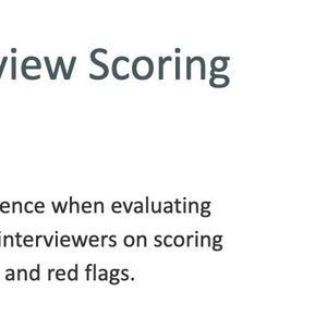 May include: A document titled 02. TPM Interview Scoring Guide with text explaining its use for evaluating responses, calibrating interviewers on scoring definitions, rating standards, and red flags, alongside an image of a pink sphere on a balance.