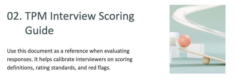 May include: A document titled 02. TPM Interview Scoring Guide with text explaining its use for evaluating responses, calibrating interviewers on scoring definitions, rating standards, and red flags, alongside an image of a pink sphere on a balance.