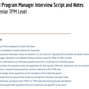 May include: A document titled Technical Program Manager Interview Script and Notes for TPM or Senior TPM Level. It includes fields for interviewer, candidate, and date, followed by a list of instructions with checkboxes for interview preparation.