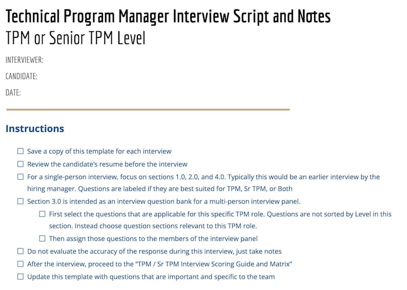 May include: A document titled Technical Program Manager Interview Script and Notes for TPM or Senior TPM Level. It includes fields for interviewer, candidate, and date, followed by a list of instructions with checkboxes for interview preparation.