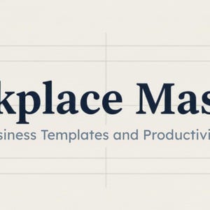 May include: A rectangular graphic featuring a grid background with a square icon of blue and gray triangles on the left. The text reads Workplace Mastery Digital Business Templates and Productivity Tools, with a list icon on the right side.
