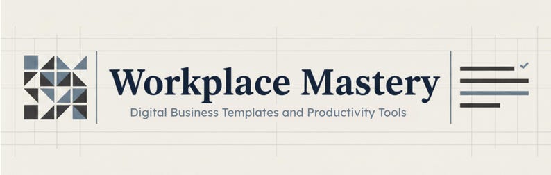 May include: A rectangular graphic featuring a grid background with a square icon of blue and gray triangles on the left. The text reads Workplace Mastery Digital Business Templates and Productivity Tools, with a list icon on the right side.