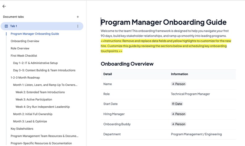 以下が含まれることがあります： Program Manager Onboarding Guideというタイトルのデジタルドキュメント。ナビゲーションタブ付きのサイドバーと、Onboarding Overviewテーブルを含むメインセクションで構成されています。テーブルにはName、Role、Start Date、Hiring Manager、Onboarding Buddy、Departmentのフィールドがあり、プレースホルダーテキストが表示されています。