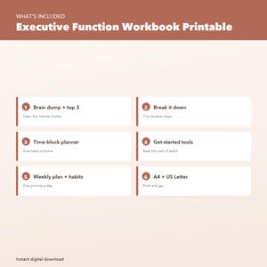 Op de afbeelding: Een printbaar werkboek voor executieve functies met zes secties: 1. Brain dump + top 3, 2. Break it down, 3. Time-block planner, 4. Get-started tools, 5. Weekly plan + habits, en 6. A4 + US Letter. De tekst staat op een lichte achtergrond.