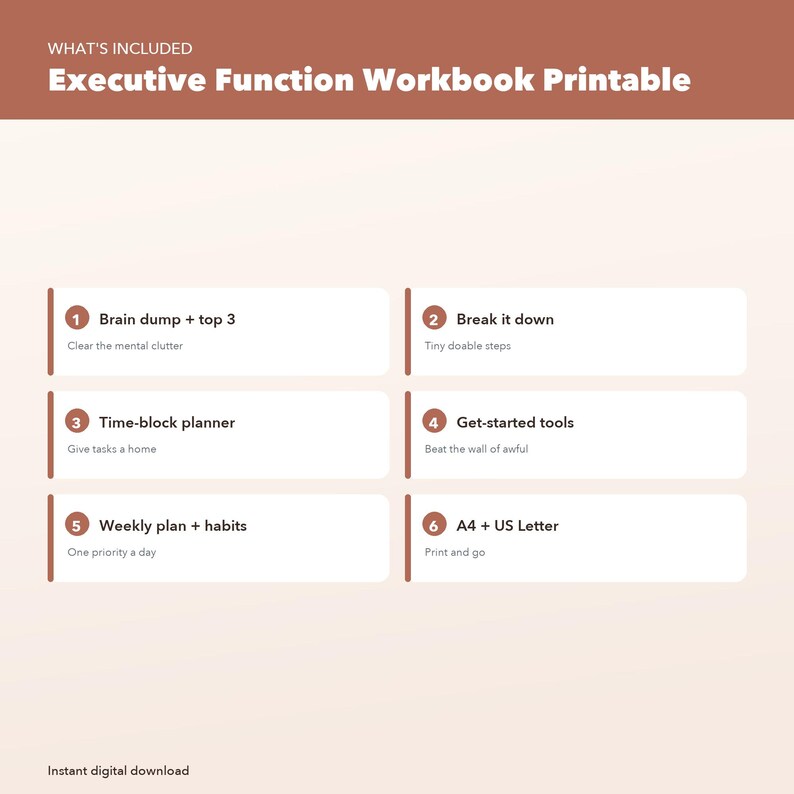 Op de afbeelding: Een printbaar werkboek voor executieve functies met zes secties: 1. Brain dump + top 3, 2. Break it down, 3. Time-block planner, 4. Get-started tools, 5. Weekly plan + habits, en 6. A4 + US Letter. De tekst staat op een lichte achtergrond.