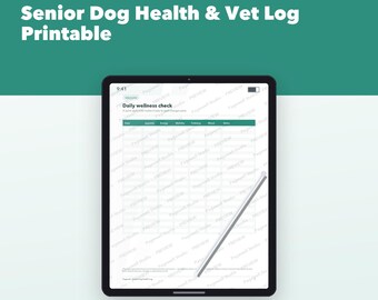 Registro sanitario stampabile per cani anziani, cartella clinica e registro dei farmaci per cani, diario delle visite veterinarie per i proprietari di animali domestici, PDF compilabile