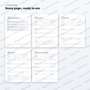 Op de afbeelding: Een verzameling van vijf witte digitale therapie voortgangsnotitie sjablonen met zwarte tekst. De pagina's bevatten koppen voor SOAP, DAP, GIRP en intake notities, met gestructureerde velden voor cli&euml;ntinformatie en details over de sessie.