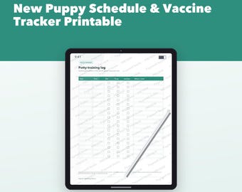 Agenda stampabile per il nuovo cucciolo, con programma, registro dell'addestramento alla pulizia e monitoraggio delle vaccinazioni, lista di controllo per i nuovi proprietari di cani, PDF compilabile.