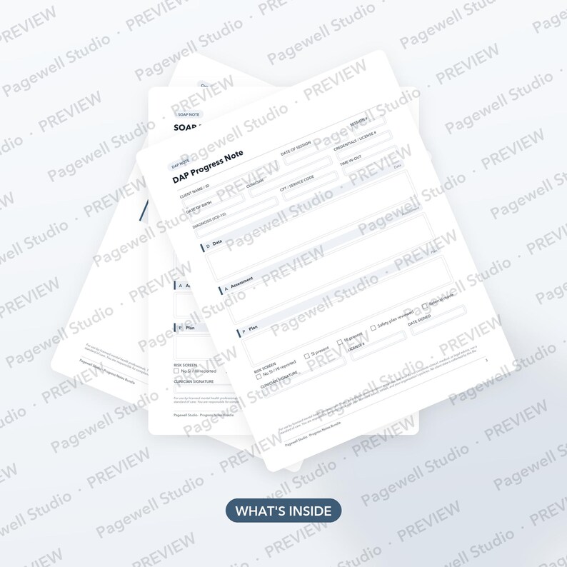 Op de afbeelding: Een stapel witte papieren formulieren getiteld DAP Progress Note, met velden voor cli&euml;ntgegevens, geboortedatum, diagnose, sessiegegevens, beoordeling en plan, met een donkerblauwe knop onderaan met het label WHAT'S INSIDE.