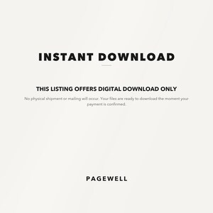 Op de afbeelding: Een digitale afbeelding op een lichte achtergrond met de tekst INSTANT DOWNLOAD in vetgedrukte zwarte letters, gevolgd door THIS LISTING OFFERS DIGITAL DOWNLOAD ONLY, een zin over de beschikbaarheid van bestanden en de merknaam PAGEWELL onderaan.