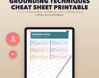 Grounding Techniques Cheat Sheet Printable, Coping Skills Reference Poster, 5-4-3-2-1 and Box Breathing, Anxiety Therapy Tool PDF
