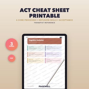 ACT Cheat Sheet Printable, Acceptance and Commitment Therapy Reference Guide, Defusion and Values Worksheet, Therapist Tool PDF
