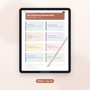 Op de afbeelding: Een digitale tablet met een document getiteld The 7 Executive Function Skills, met een raster van zeven gekleurde vakken met tekstbeschrijvingen voor elke vaardigheid, vergezeld van een stylus die diagonaal over het scherm ligt.