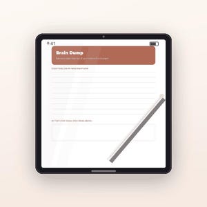 Op de afbeelding: Een digitale tablet met een Brain Dump plannerpagina met een roestkleurige koptekst, gelinieerde secties voor notities en een vak voor de top drie taken. Een grijze en witte stylus ligt diagonaal over het scherm, dat de tijd 9:41 toont.