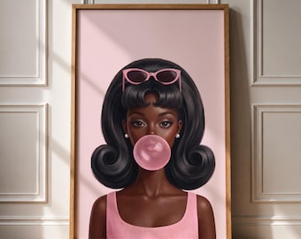 May include: A framed wall art print featuring a portrait of a person with voluminous black hair, wearing pink cat-eye sunglasses perched on top of their head and small pearl earrings. The person is blowing a large pink bubblegum bubble.