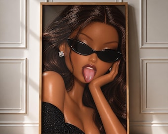 May include: A framed wall art print featuring a stylized portrait of a person with long brown hair, wearing black cat-eye sunglasses and a black top. The person has one hand resting against their cheek and their tongue is sticking out.