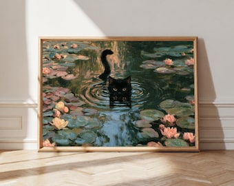 May include: A framed art print featuring an oil painting of a black cat swimming in a pond filled with green lily pads and pink water lilies. The cat's head and tail are visible above the water, creating ripples in the dark, reflective surface.