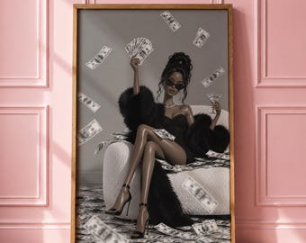 May include: A framed wall art print depicting a figure with dark hair in an updo, wearing black sunglasses, a black strapless dress, and a black faux fur coat, sitting in a white chair while holding a martini glass amidst falling US dollar bills.