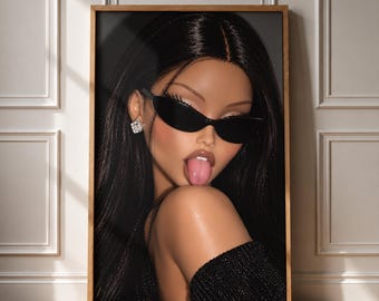 May include: A framed wall art print featuring a portrait of a person with long black hair, wearing black cat-eye sunglasses and a sparkling square stud earring. The person has a light complexion, glossy lips, and is sticking their tongue out.