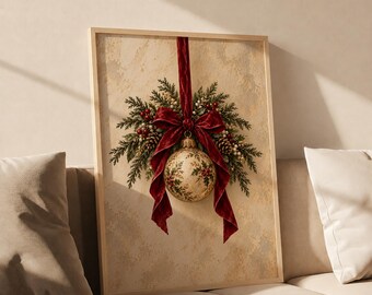 Vintage Christmas Ornament Print: Hand-Painted Gold Holly Holly Berries Evergreen Pine Cones Velvet Bow