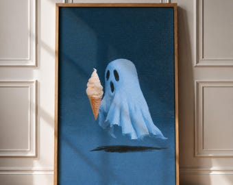 May include: A framed wall art print featuring a light blue ghost character with dark oval eyes and a wide open mouth. The ghost is holding a beige ice cream cone in a waffle shell against a solid dark blue background with a soft shadow below.