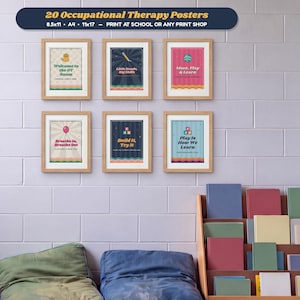 May include: Six framed occupational therapy posters displayed on a white brick wall. The posters feature colorful graphic designs and text including 'Welcome to the OT Room', 'Little Hands, Big Skills', 'More, Play & Learn', 'Breathe In, Breathe Out', 'Build It, Try It', and 'Play Is How We Learn'.