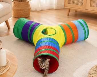 Cat Tunnel Toy Foldable Crinkle Play Tube for Indoor Cats, Rainbow Kitten Hideaway for Exercise, Hiding and Boredom