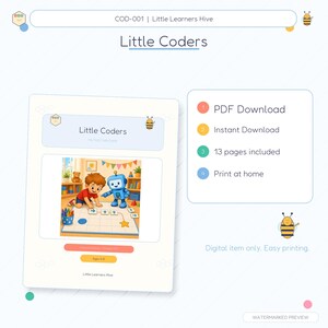 May include: A digital educational activity sheet titled Little Coders, featuring a cartoon illustration of a child and a blue robot on a grid. The document includes text for PDF download, instant download, 13 pages, and print at home options.