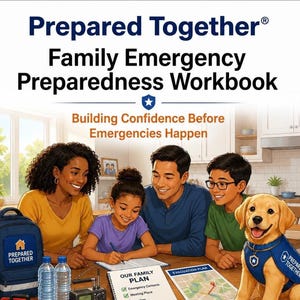 Può includere: Un manuale di preparazione alle emergenze familiari Prepared Together con uno zaino blu, due bottiglie d'acqua, una radio e documenti etichettati come Our Family Plan ed Evacuation Plan. Sono presenti una famiglia e un golden retriever con gilet blu.