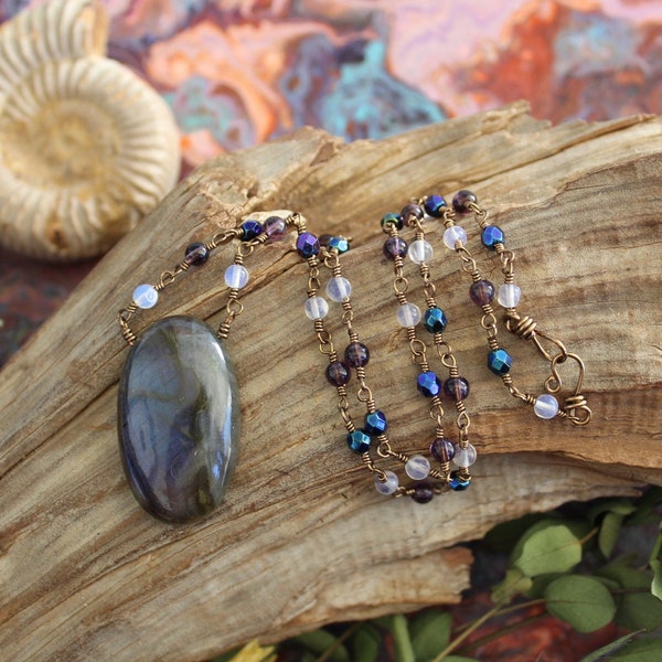 Purple Labradorite Necklace with Opalite, Amethyst and Metallic Blue Czech Glass