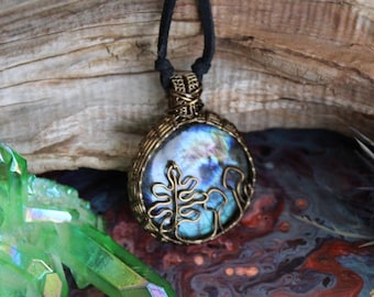 Nature Themed Labradorite Pendant with Mushroom and Fern Shapes on Black Vegan Suede