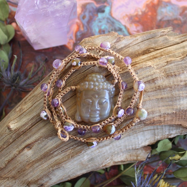 Reserved - Red Agate Buddha Head Macrame Necklace with Amethyst and Blueberry Fire Agate