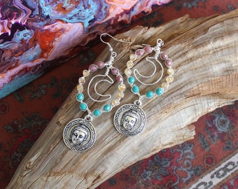 Wire Wrapped Crescent Moon Earrings with Citrine, Colorful Czech Glass & Buddha Charms