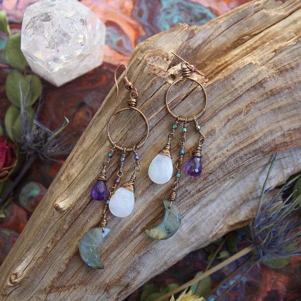 Dangling Earrings with Labradorite Crescent Moons, Rainbow Moonstone, Amethyst Drops & Rainbow Hematite