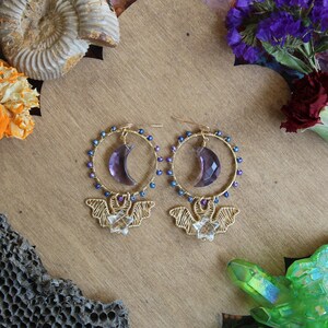 Gold Bat Earrings with Clear Quartz Stars, Amethyst Crescent Moons and Seed Beads