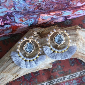 Agate Druzy Geode Ear Weights with Opalite, Light Blue Tassels & Star Charms