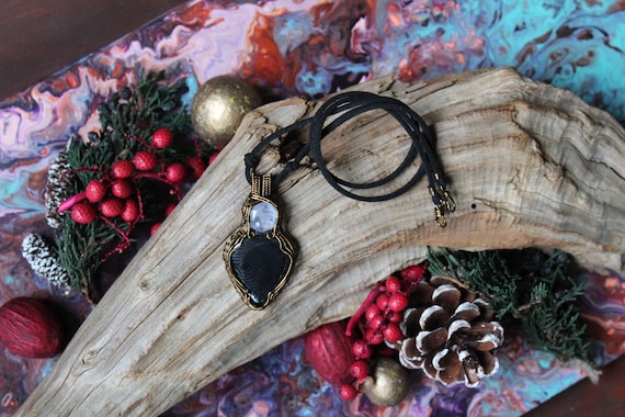 Wire Wrapped Moonstone & Psilomelane Pendant on Black Vegan Suede