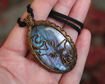 Halloween Labradorite Pendant with Grave, Bat & Crescent Moon Shapes on Black Vegan Suede