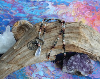 Stainless Steel Beaded Locking Carabiner Clip Necklace with Moonstone, Garnet, Sunstone, Black Tourmaline and Black Opals