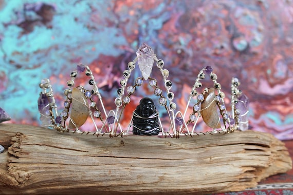 Black Obsidian  Silver Wire Wrapped Crescent Moon Crown Black Obsidian Crescent Moon Necklace, Wire Wrapped Crescent  main image 2