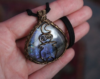 Halloween Labradorite Pendant with Cauldron & Crescent Moon Shapes on Black Vegan Suede