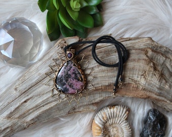 Large Wire Wrapped Rhodonite & Black Opal Sun Pendant on Black Vegan Suede