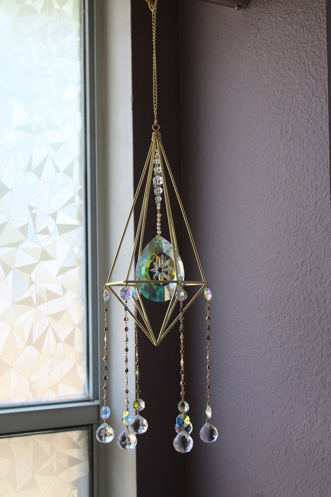 Large Chandelier Sun Catcher With Aura Glass Prism Faceted Etsy