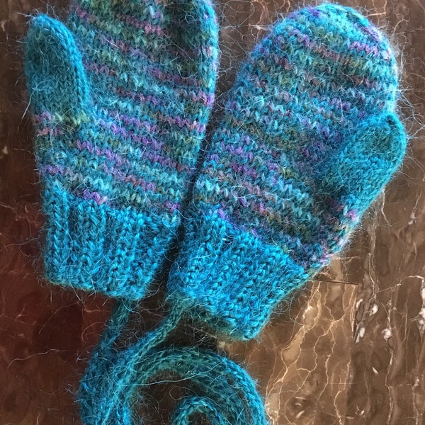 Hand knitted Mohair, wool mittens with thumb and string size 12-24  months old. Ready to ship. Kids Mittens Winter accessories.