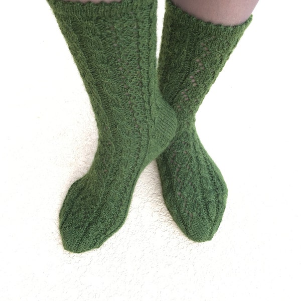 Hand Knit Socks - Green goat wool yarn  size 7-9 with lace pattern. Christmas gift for her. Ready to ship. Winter accessories .